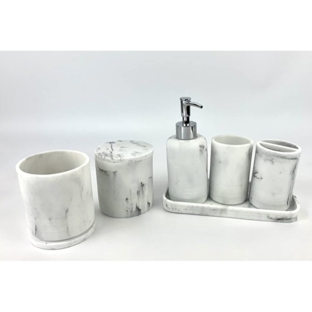 New Bathroom Accessories Set 6 Pcs - White Marble Design Toothbrush Holder